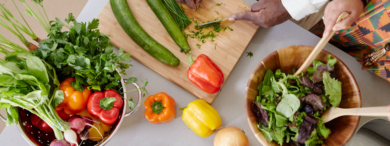Table full of fruits and vegetables for a kidney diet.